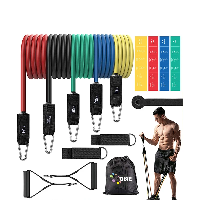 

A One Latex Ankle Straps Fitness Tube Exercise Band Heavy Duty Resistance Tubes Bands Workout Set of 11pcs 150lb, 5 colour & custom available