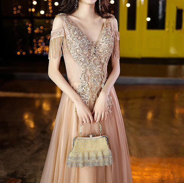

Luxury Champagne Prom Dresses Deep V Tassel Sleeve A-Line Backless Lace Appliques Bead Wedding Party Guests Evening Dress Custom