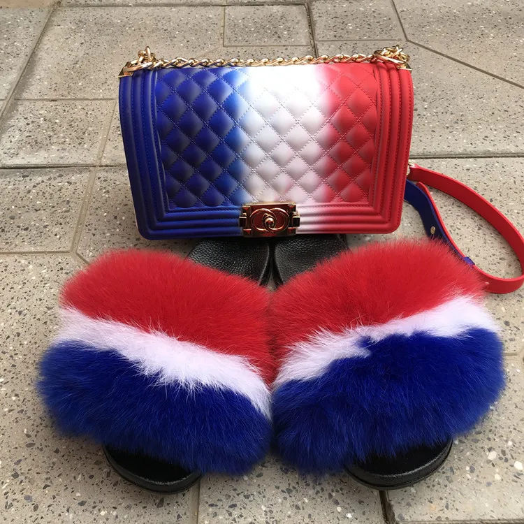 

Mix Colors Candy Rainbow Jelly Pvc Purse Set Matching Big Fluffy Fur Slippers And Bags Set For Women, Customized color