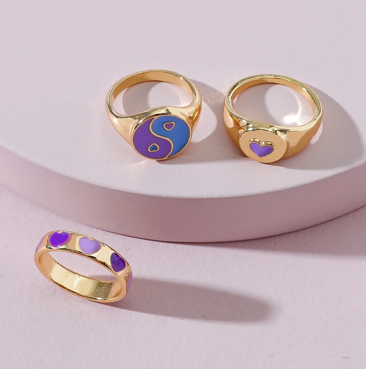 

Exaggerated Blue Purple Oil Drip Chunky Rings Alloy Gold Plated 3pcs/Set Peach Heart Yin Yang Rings Set For Fashion Party Girls