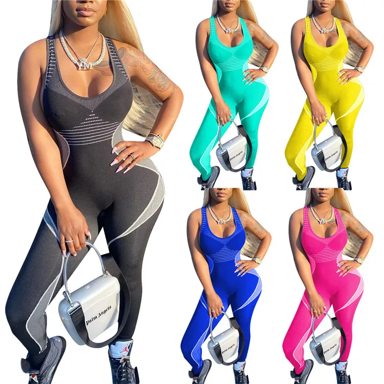 

Popular latest style solid color elastic fitness jogging one piece jumpsuit sexy sleeveless tight fitting shapewear jumpsuit