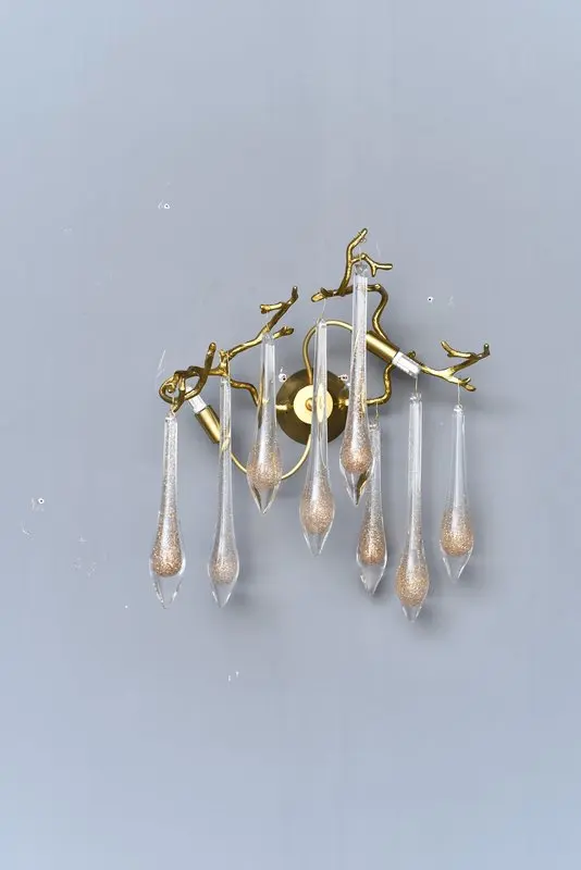 MEEROSEE Icicle-Trimmed Crystal Pendant Wall Light Gold Copper Wall Sconce Lamps Wedding Decoration Rattan Lighting MD87026