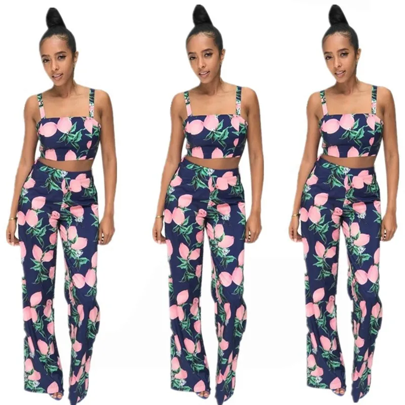 

Summer clothing ladies 2021 high quality spaghetti strap casual floral print crop tops 2 piece pants sets women, Solid