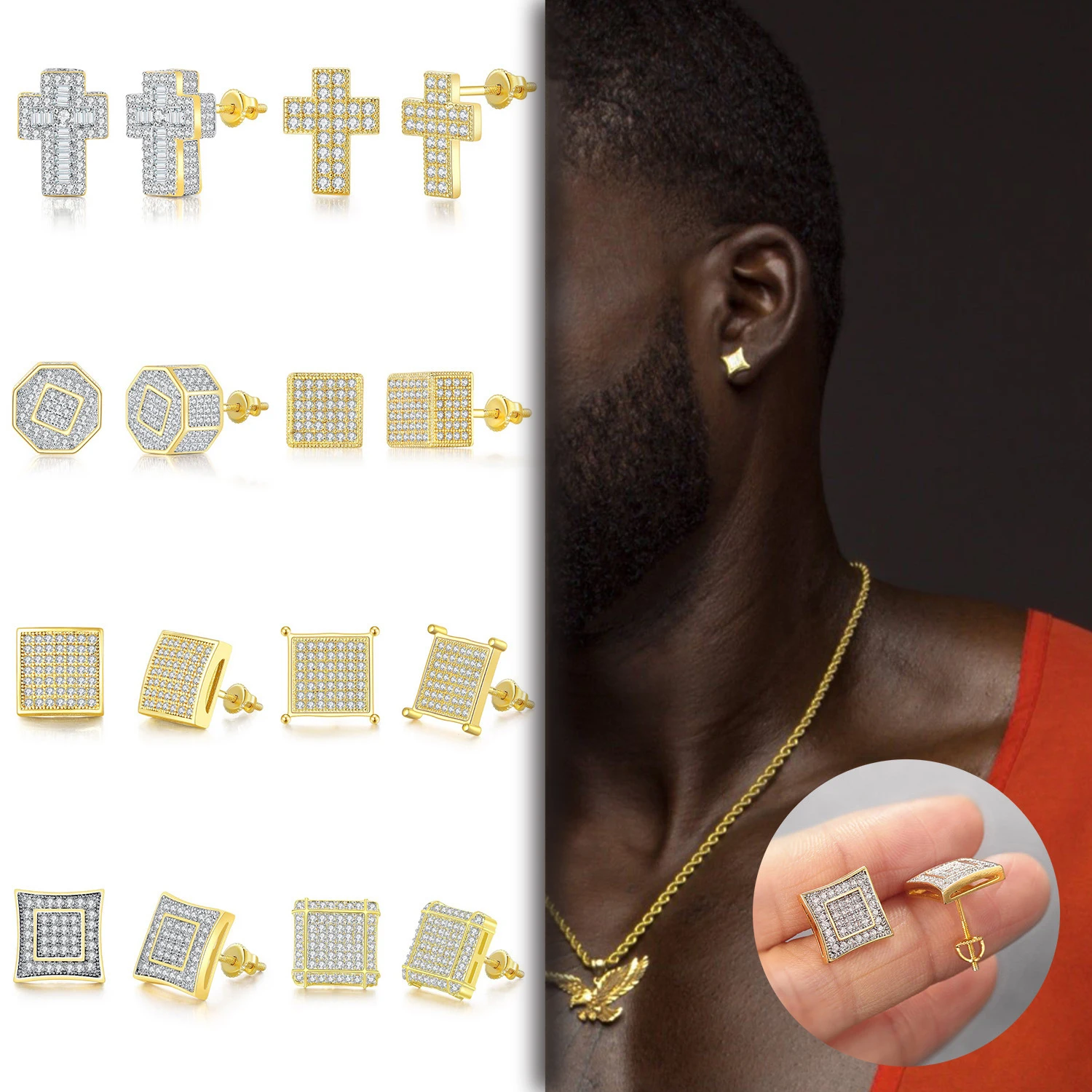 2023 Fashion Personalized Hip hop Men Women Screw Back Bling CZ Iced Out Diamond Zircon Square Shape Cross Studs earrings