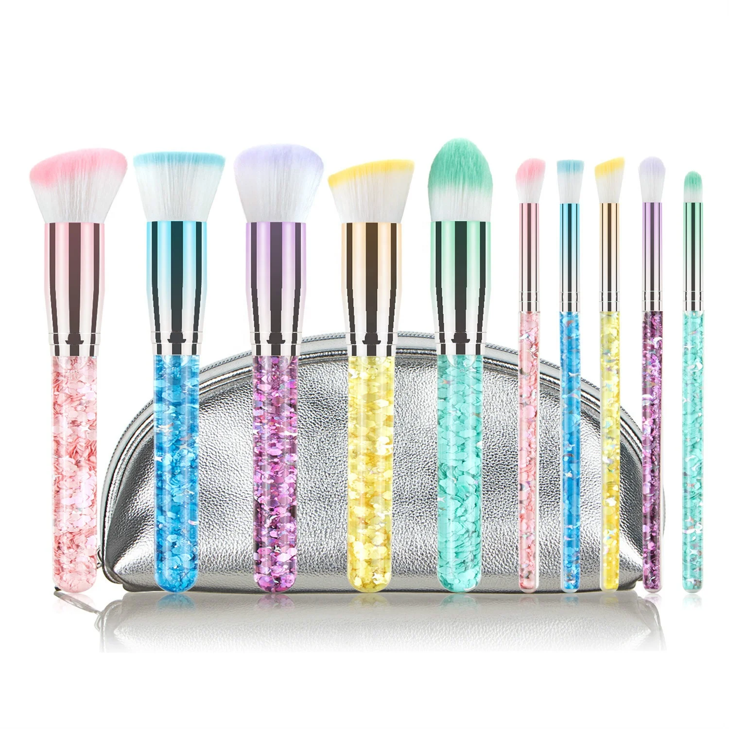 

New Arriving 10 PCS Mix Corlor Blush Brush Eye Details Brush Set Shiny Quicksand Sequins Brush Set PU Bag Brochas De Maquillaje, Picture