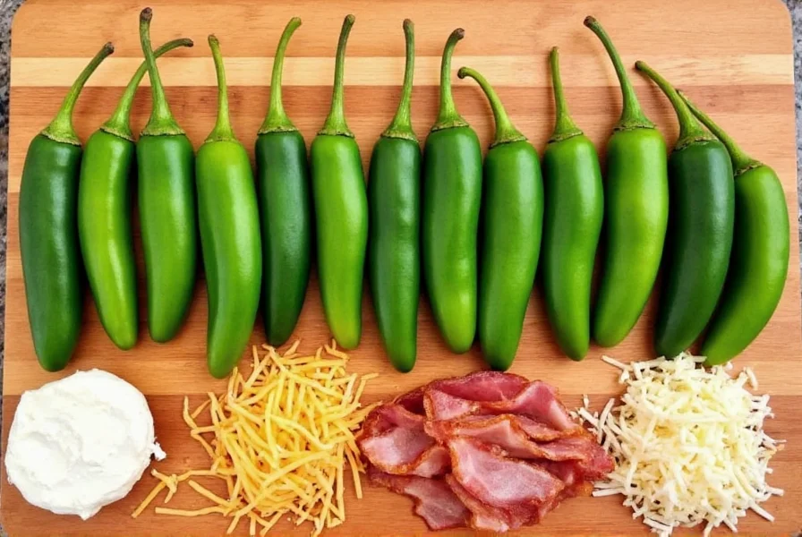 Twelve fresh green jalapeño peppers lined up on wooden cutting board with cream cheese, shredded cheddar, and bacon slices arranged beside them