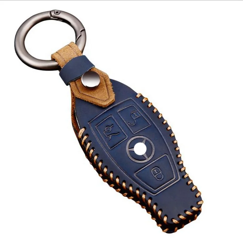 

Fashion luxury Crazy Horse skin Key box Benz C G Leather Car key case for Mercedes car key protector, Blue\coffee brown