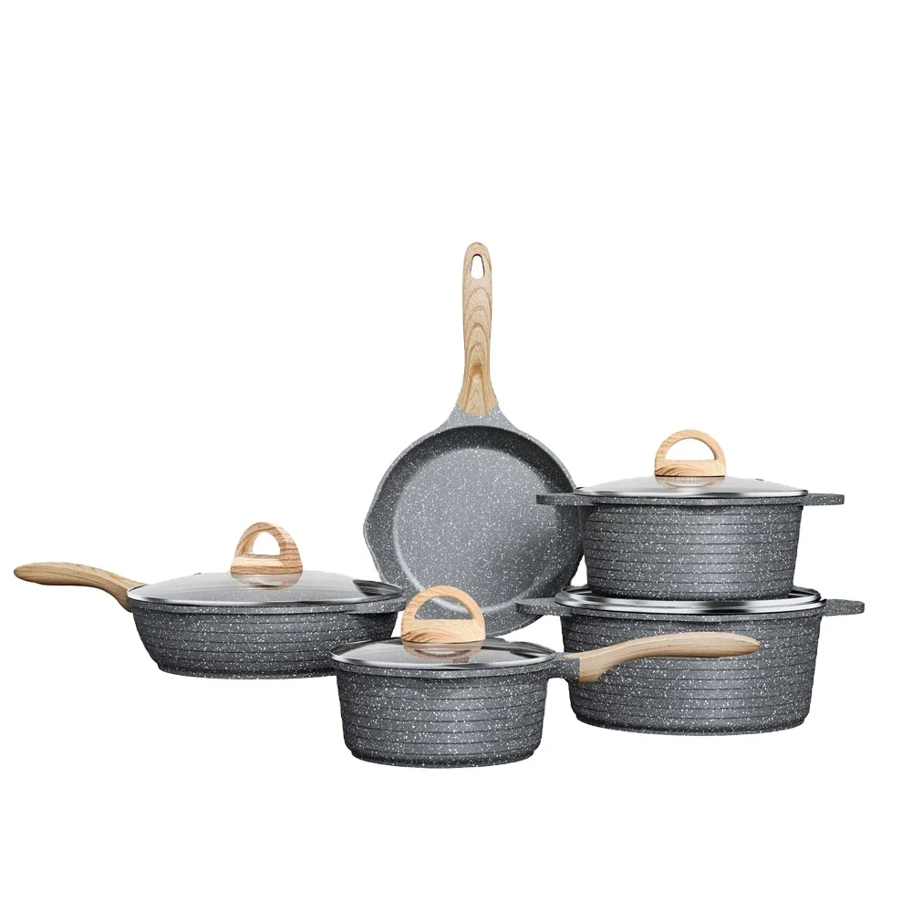 

JEETEE Stock Nonstick Marble Cookware Set Coating Cast Aluminum Cookware Sets Induction Base with Handle Silicone Glass Lid