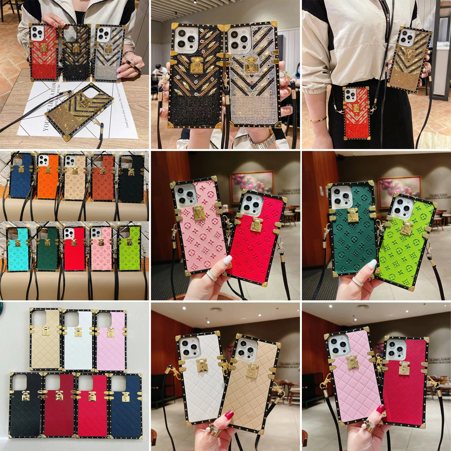 

Luxury Designer Brand Phone Cases for iPhone 13 Pro Max Logo Girl Square Back Cover Case Leather with Strap Cases for Iphone