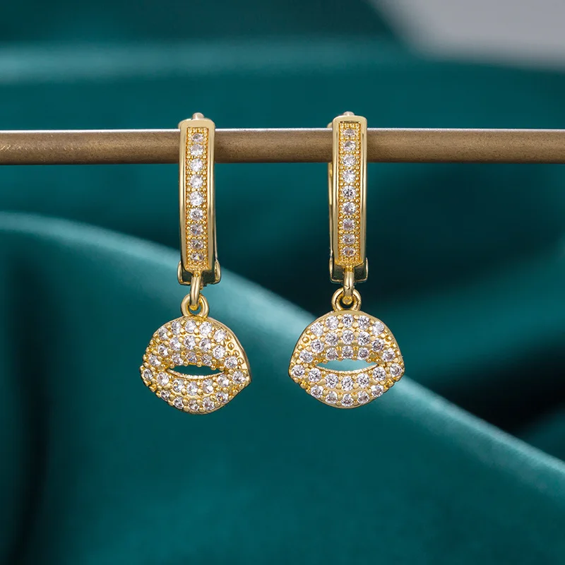 

Fashion White Zircon Sexy Lips Drop Earring Gold Plated Round Hoop CZ Lips Earrings For Women Party