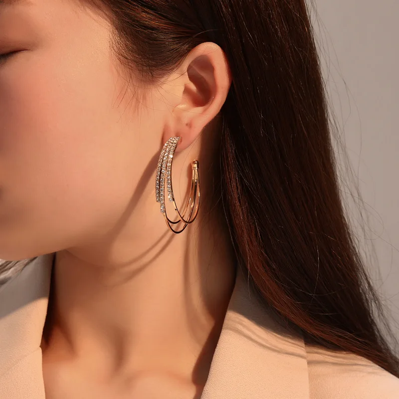 

Trendy Big Circle Earrings Multilayer C Shape Hoop Earrings For Women Shining Rhinestone Earrings (SK1071), As picture