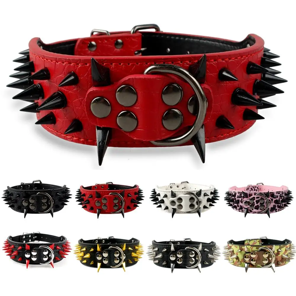 

2\" Wide Sharp Spiked Studded Leather Dog Collars Pitbull Bulldog Adjustable Dog Collar For Medium Large Dogs Boxer S M L XL, Ready made or customized