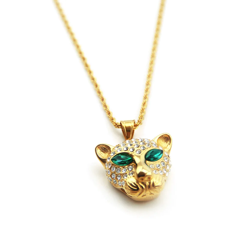 

Hip Hop Leopard Head with Green Eyes Pendant Gold Chain