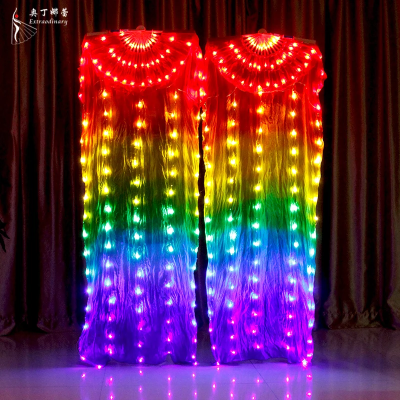 Rainbow 180cm Belly Dance Silk Fan Veil LED Veil Fans Light up Light up Carnival Stage Performance Props Accessories
