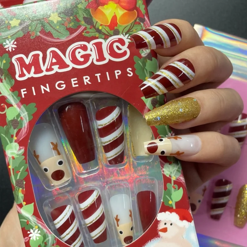 

24pcs/Set Cute Heart Pattern False Nails Long Orange Acrylic Ballerina Beauty with Glue Christmas Press On Nails, Picture