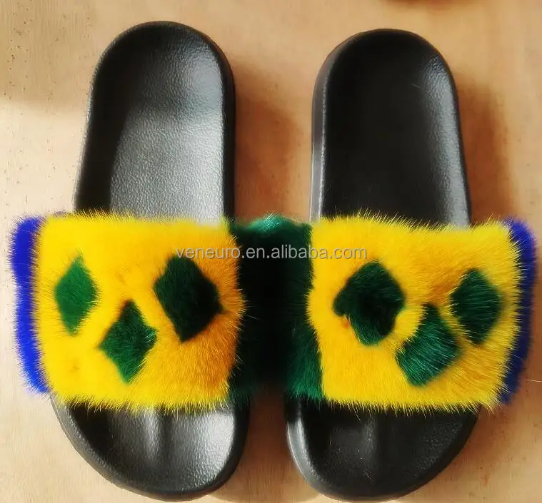 

2021 New fashion real mink fur sandals shoes Words real mink fur slides women brand logo fur slippers, Customized color