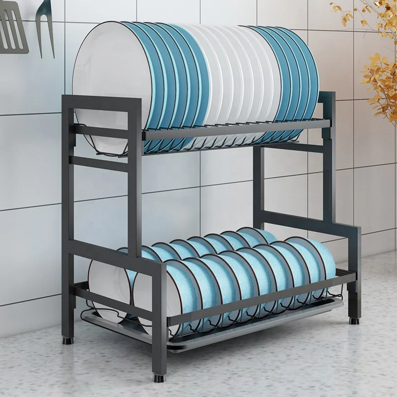

2 Tiers Stainless Steel Kitchen Storage Space Saver Dish Drainer Rack, Black