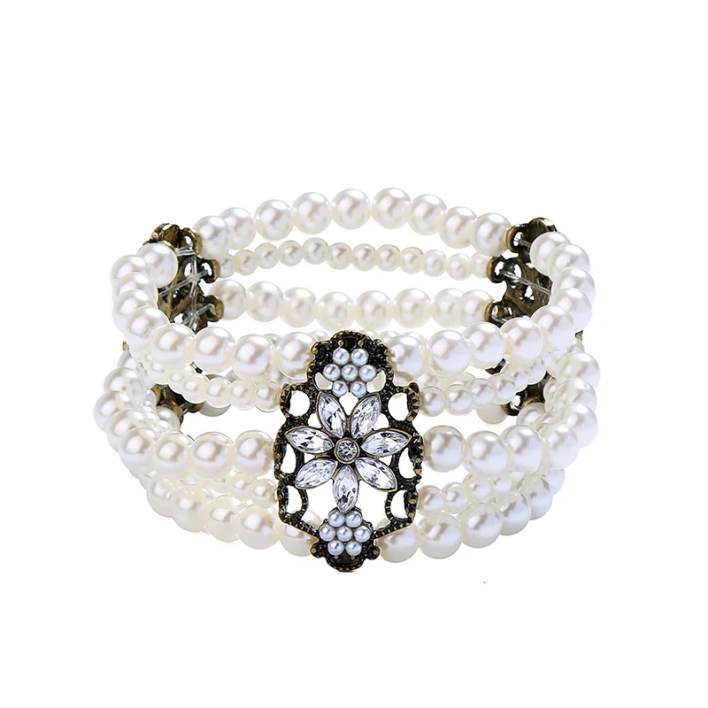 

sl0042 2020 Fashion Jewelry Rhinestone Flower Multilayer White Pearl Bead Chunky Jewelry Elastic Beaded Bracelet Women