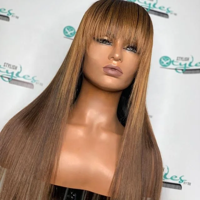 

Silky Straight Human Hair Wigs Lace Front Wig with Bangs Remy Dark Brown 13X4 Lace Wig PrePlucked For Black Women 150% Density