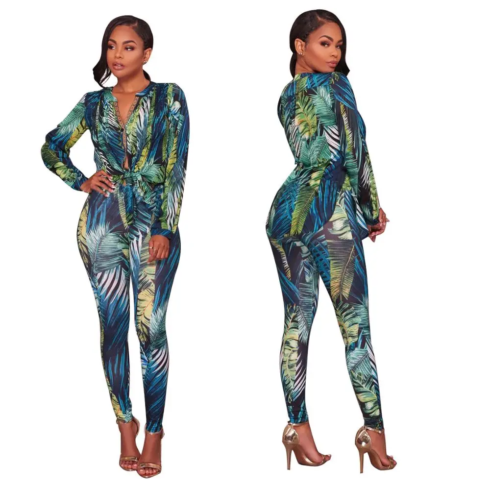 

Wholesale Aumunm Spring Digital Print Bodycon Sexy V-neck Long Sleeve Pants Outfits Two Pieces Set For woman