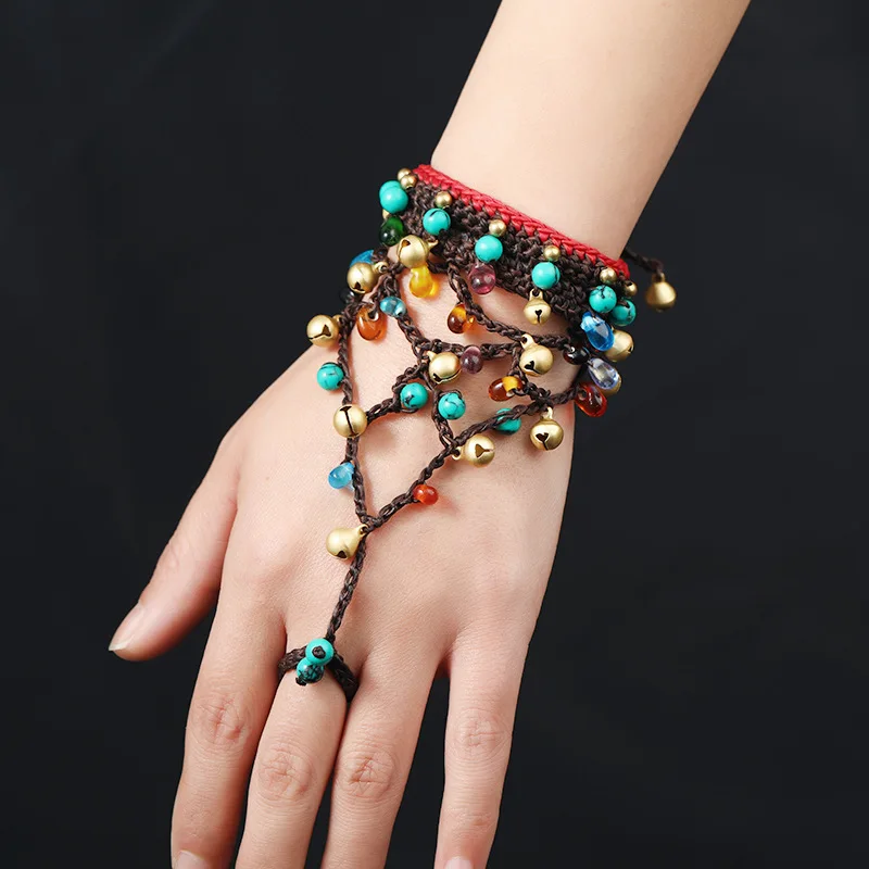 

European Trendy Bohemian Turquoise +Glass +Wax Rope Homemade Finger Bracelets, As picture