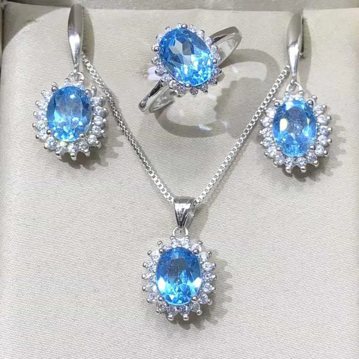 

Engagement Wedding 925 Sterling Silver Jewelry Natural Blue Topaz Jewelry Set Adjustable Size Ring Natural Blue Topaz Set
