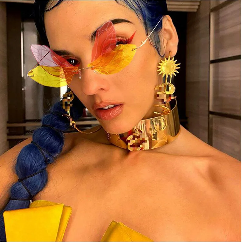 

2021 Rimless Shade Changes Color Butterfly Wings Women Sunglasses Luxury Trendy Butterfly Wings Rimless Sunglasses Women, 9 colors