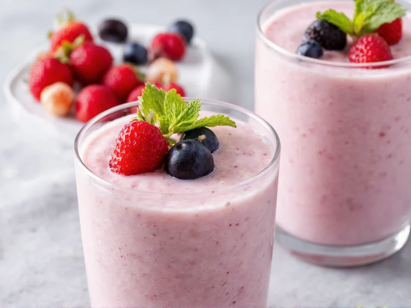 Homemade milk kefir smoothie with fresh berries and mint garnish