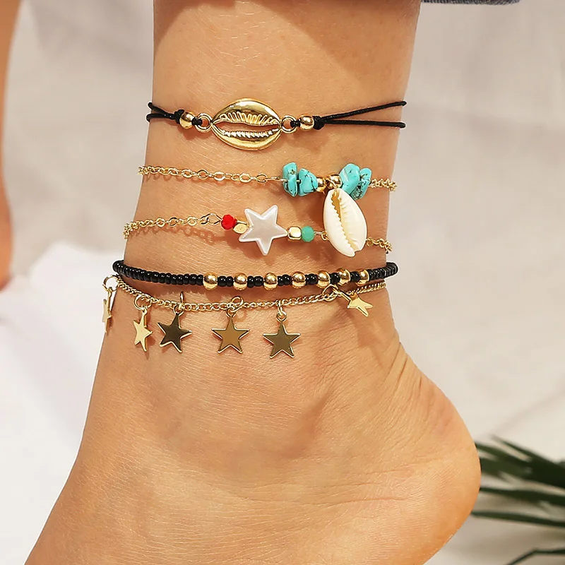 

Weihao Hot Selling Bohemian Beaded Anklet Five Star Shell Anklet, As picture show
