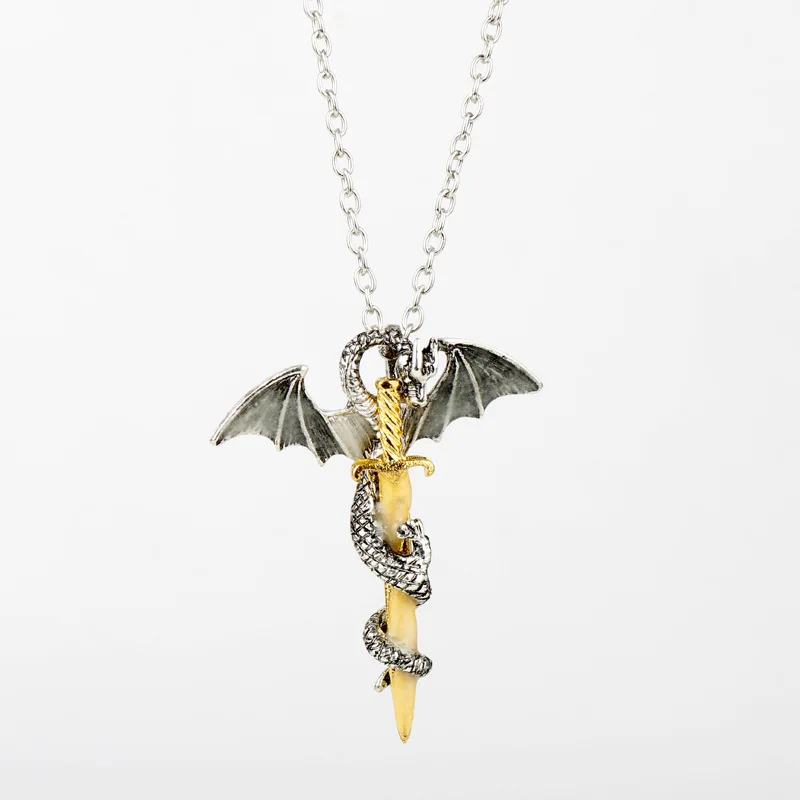 

Dragon And Golden Sword Fashion Jewelry Crystal Silver Necklace Men Women, Gold