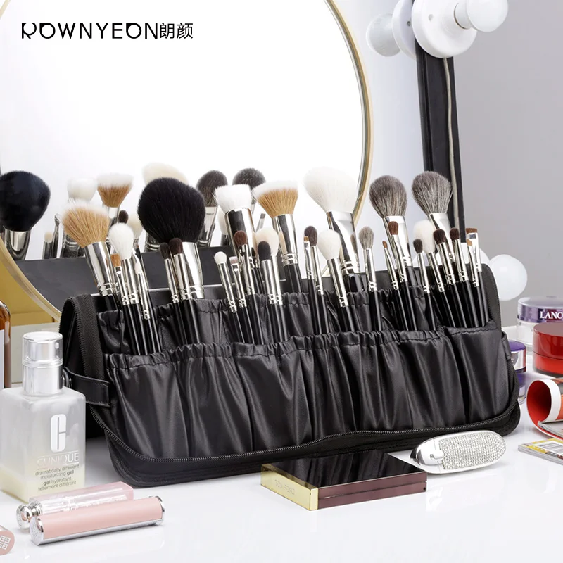 

Rownyeon High Quality Oem Custom Rectangle Black Pu Vegan Travel Make Up Brush Bag With Logo