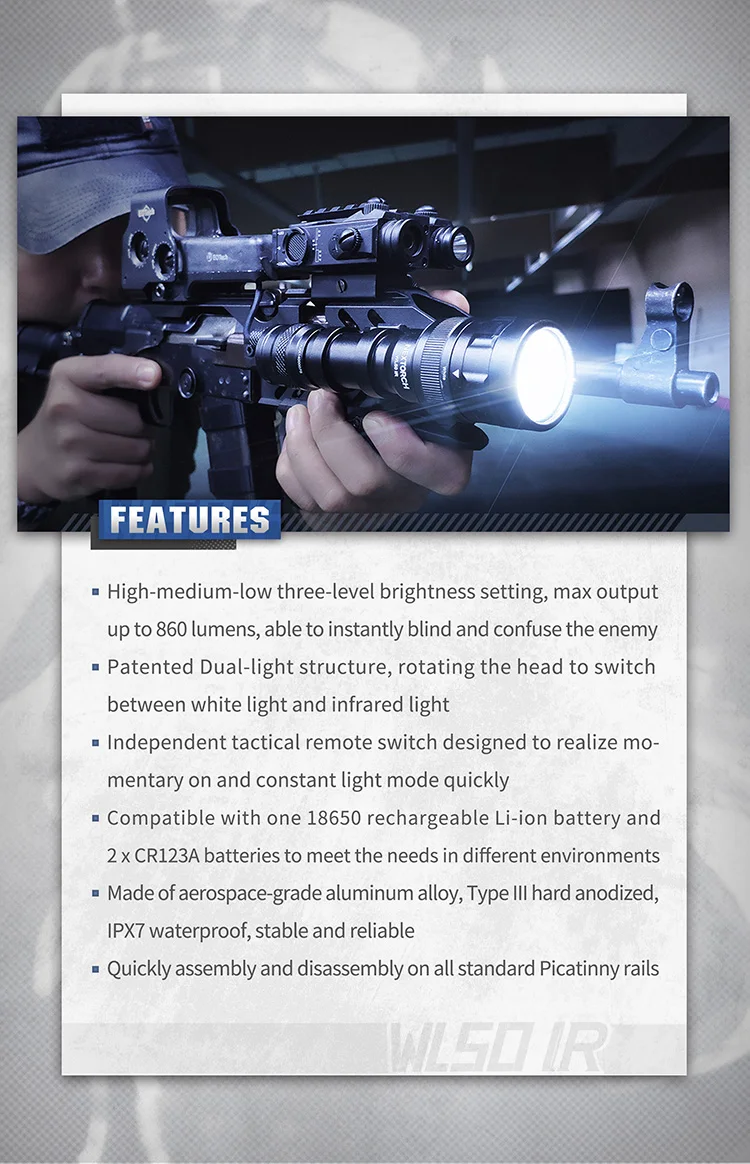 NEXTORCH WL50IR Tactical Black LED 860 Lumen Aluminum Flashlight for sale online 