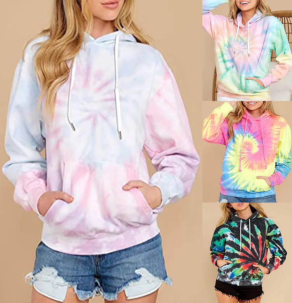 

Custom Logo Printed High Quality Tie Dye Women Plus Size Pullovers Pocket Hoodies
