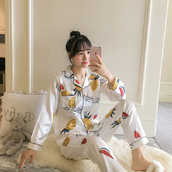 

Pajamas women's summer 5075 satin silk long sleeve trousers 2 piece set korean luxury style cartoon housewear women's sleepwear, As picture show