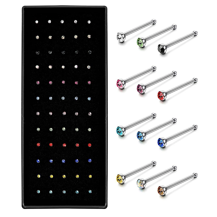 

YICAI 60 40pcs/set Nose Ring Fashion Body Jewelry 1.8mm Colorful Crystal Stainless Steel Nose Ring Piercing Nose Stud