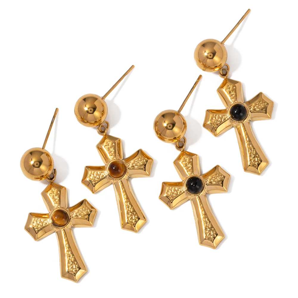 

J&D Fashion Religious Stainless Steel Earrings Gold Plated 18K Jewelry Agate Cross Hammer Drop Earrings