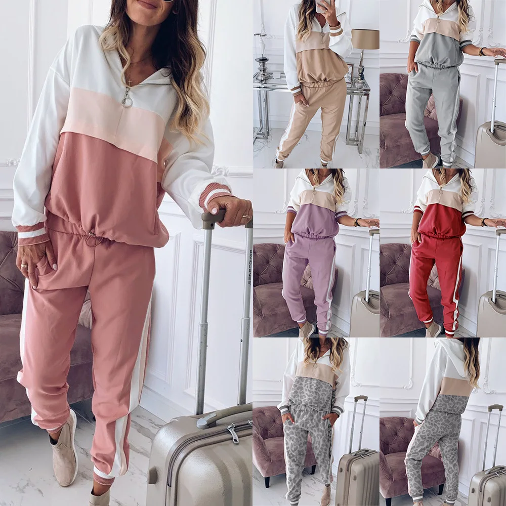 

WW-0309 Ms Color Matching Fashion Fleece Suits Autumn Female Leisure Sports Suits Athletic Tracksuit Sets Winter Womens Clothing, Customized color