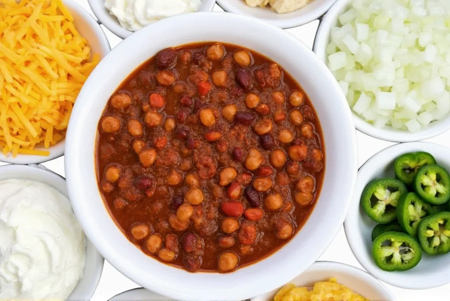 Variety of chili toppings including shredded cheese, sour cream, diced onions, and fresh jalapeños arranged around a bowl of chili