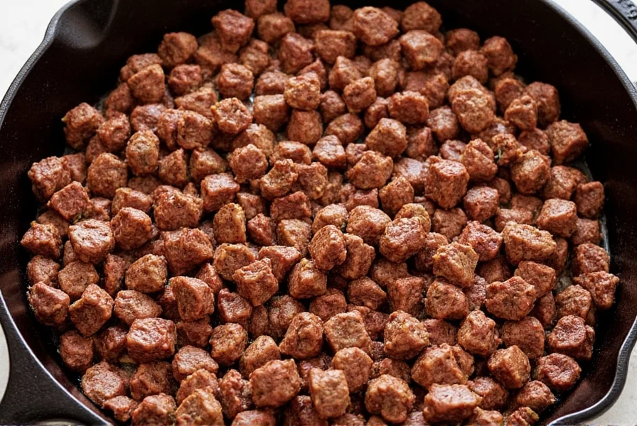 Close-up of perfectly browned beef chunks in cast iron skillet for serious eats chili technique