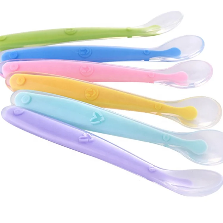 

New Arrival Food Grade Colorful Baby Food Feeder Training Spoon BPA Free Soft Silicone Baby Feeding Spoon, Pink , purple, yellow, wblue, green....