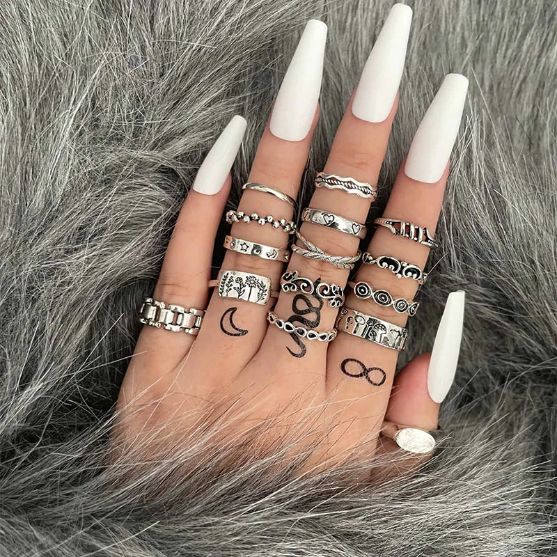 

15 Pcs/Set Punk Mushroom Meadow Flowers Clouds Ring Love Carving Chain Wave Geometric Silver Color Ring Set Couple Gift