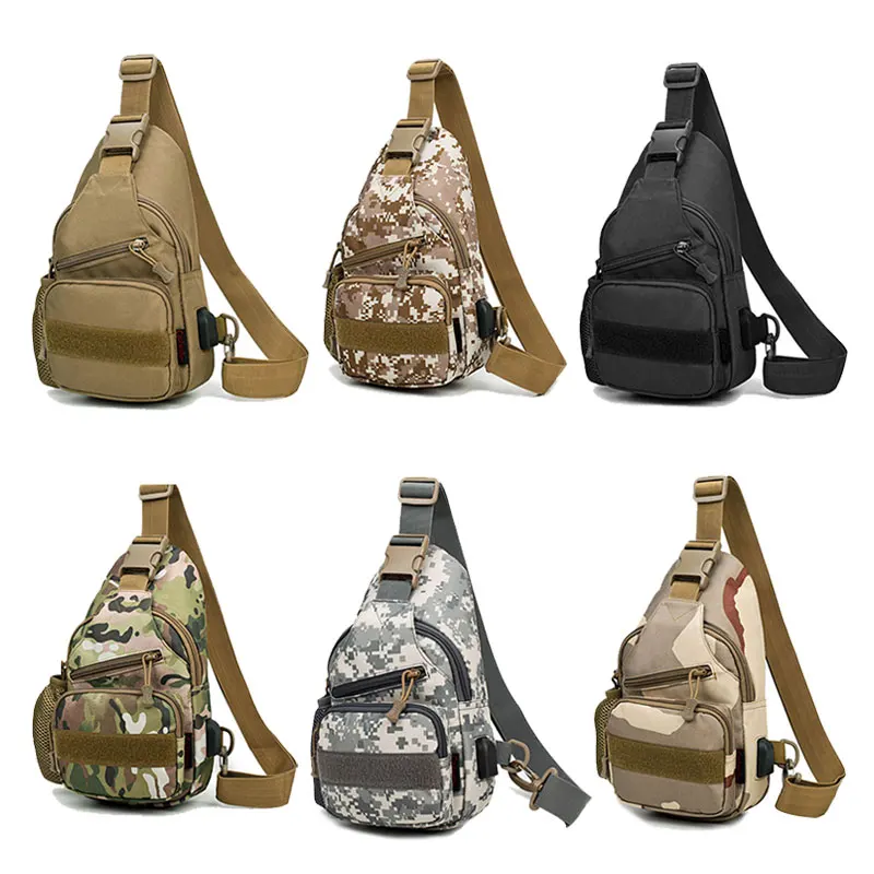 

Factory Men Oxford Outdoor Camo chest pack tactical fishing sling bag with USB port, Camo, tan, black, etc