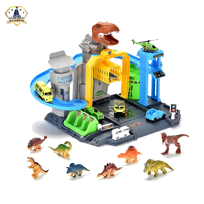 

Amazon hot sale diy plastic dinosaur world model race track toy set with free wheel cars, As photo as