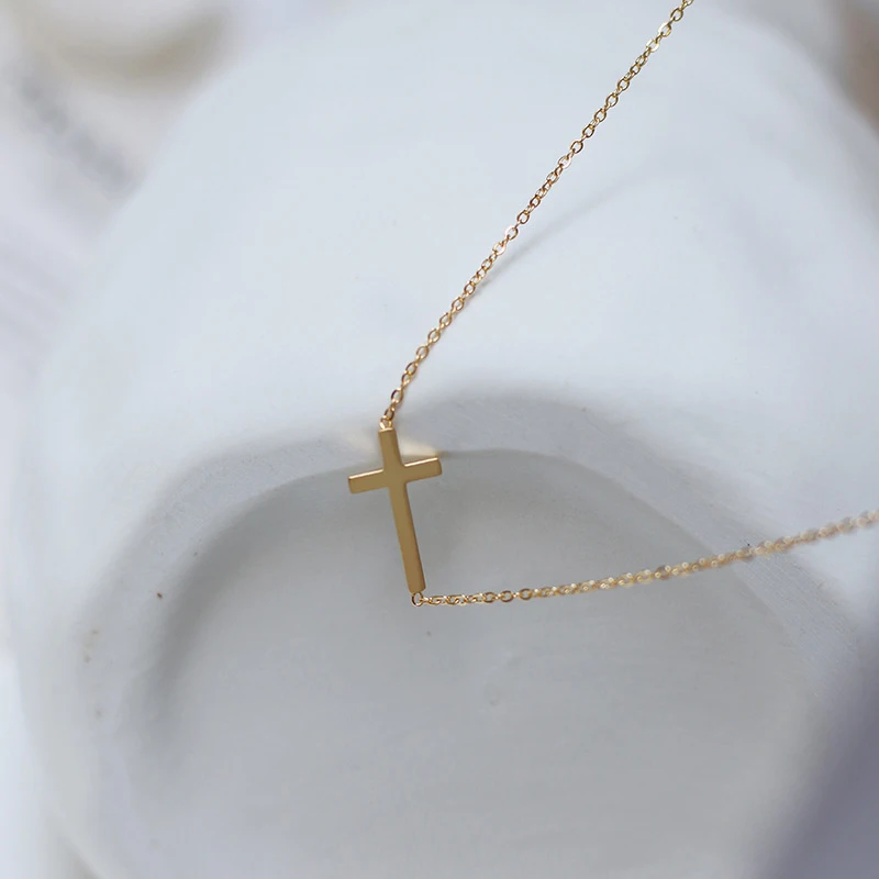 

Christian Faith Jesus Crucifix Religious Jewelry Tiny Stainless Steel Plated 14K Gold Sideways Cross Necklace