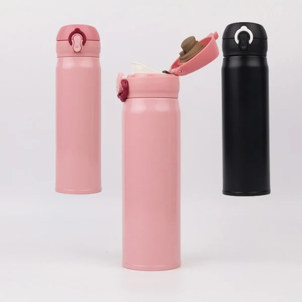 

15oz 450ml Double layer stainless metal steel pink vacuum insulated sports water bottle thermos flask with one touch flip top, Any color