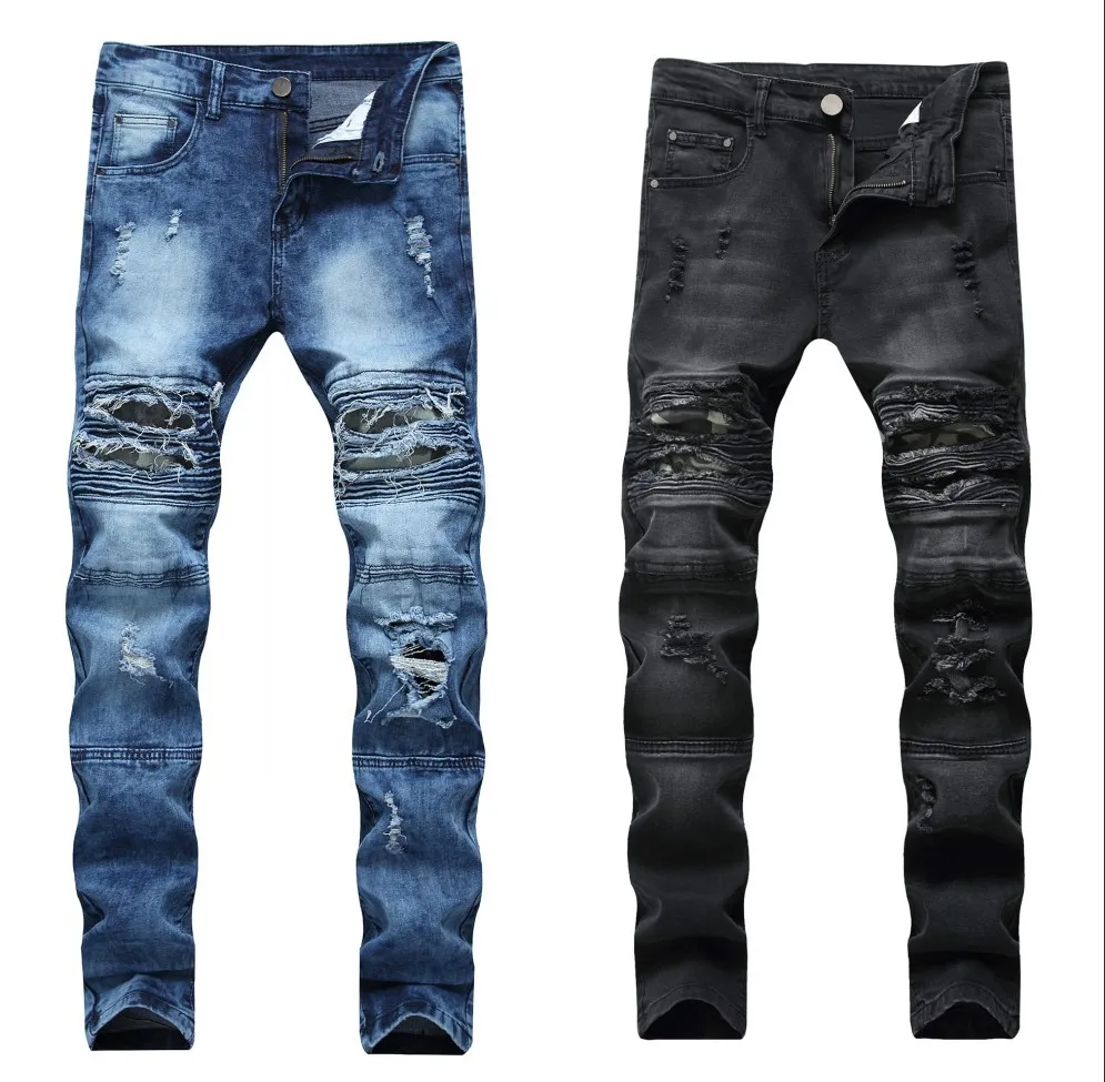 

Plus Size Biker Blue Denim Pant Seluar Skinny Boy's Trousers Fashion Ripped Pantalon Homm Distressed Men's Jeans