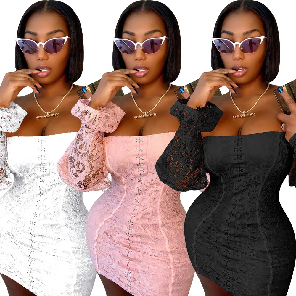 

Autumn and winter new sexy women's see-through sleeves hollow lace long sleeve dress