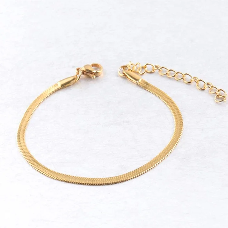 

Trending Minimalist 18k Gold Plated Stainless Steel Flat Herringbone Snake Chain Bracelet for Women, Gold, rose gold, steel, black etc.