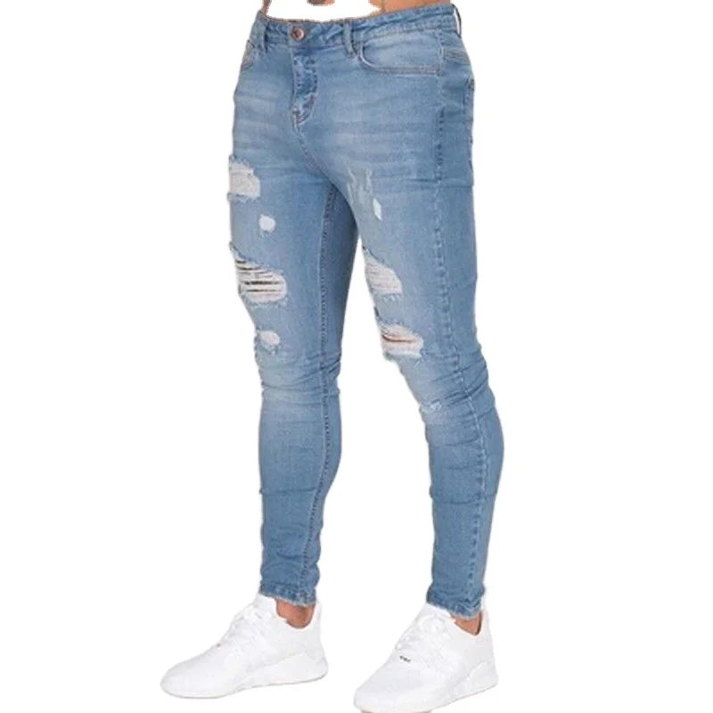 

Men Denim Trousers Pants Ripped Holes Custom Logo Blank Mens Denim Jeans For Men, Customized color