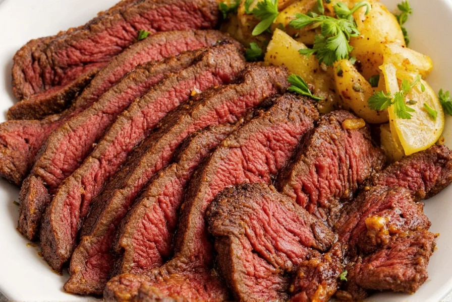 Platter of sliced beef with peppers and onions